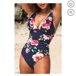 Cupshe Navy and Pink Floral One Piece Swimsuit Size Medium